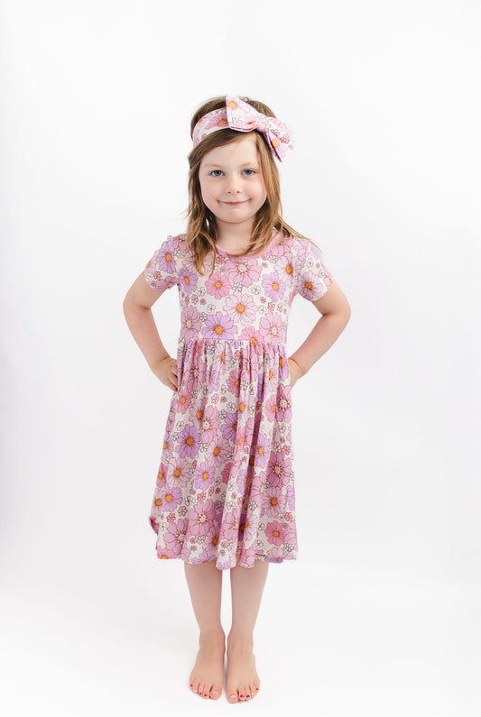 Powerful in Pink (Flower)  Short Sleeve Big Kid Twirl Dress