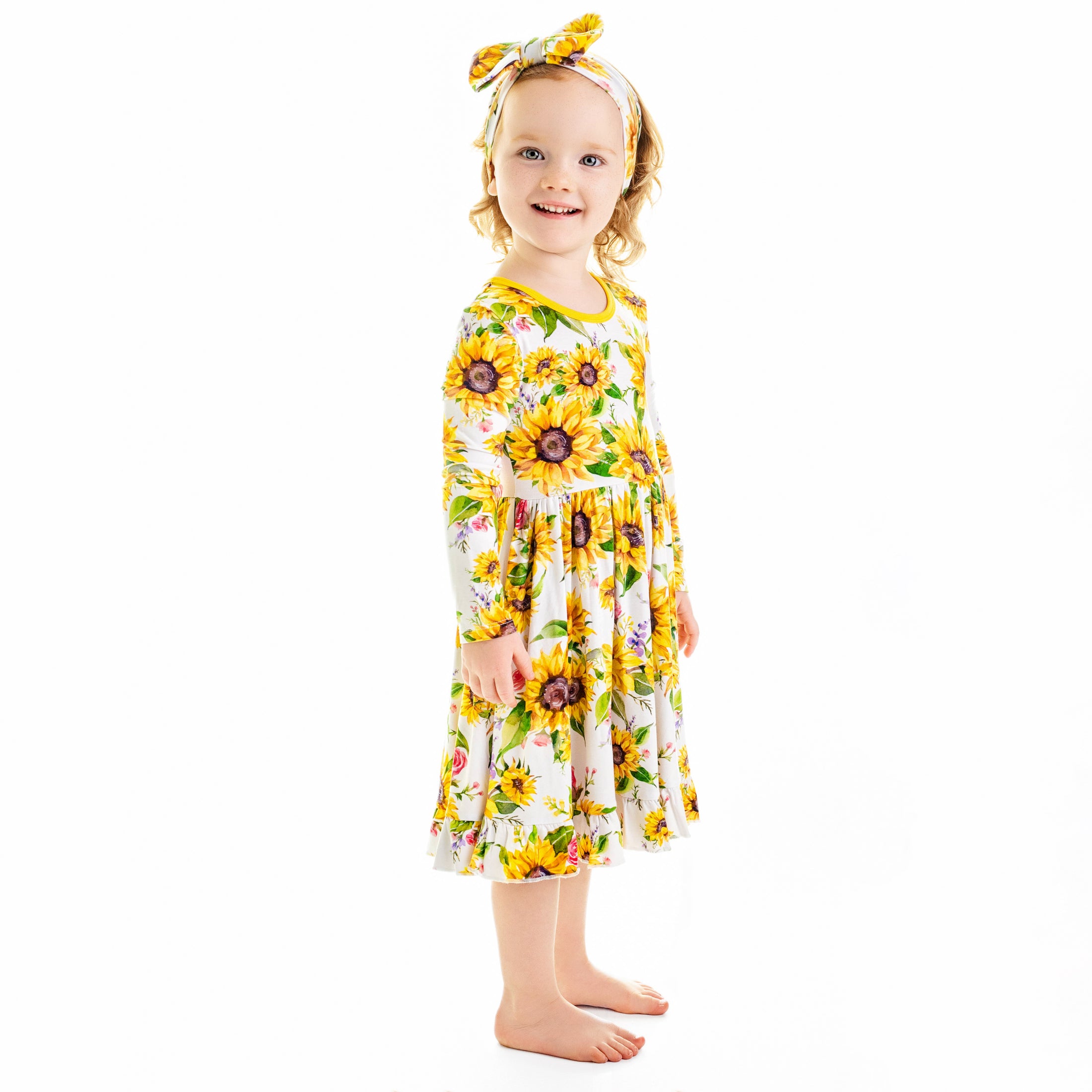 Suns and Roses (Sunflower) Long Sleeve Big Kid Twirl Dress