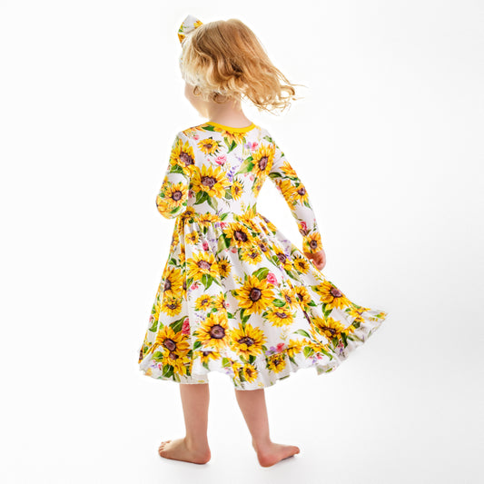 Suns and Roses (Sunflower) Long Sleeve Big Kid Twirl Dress