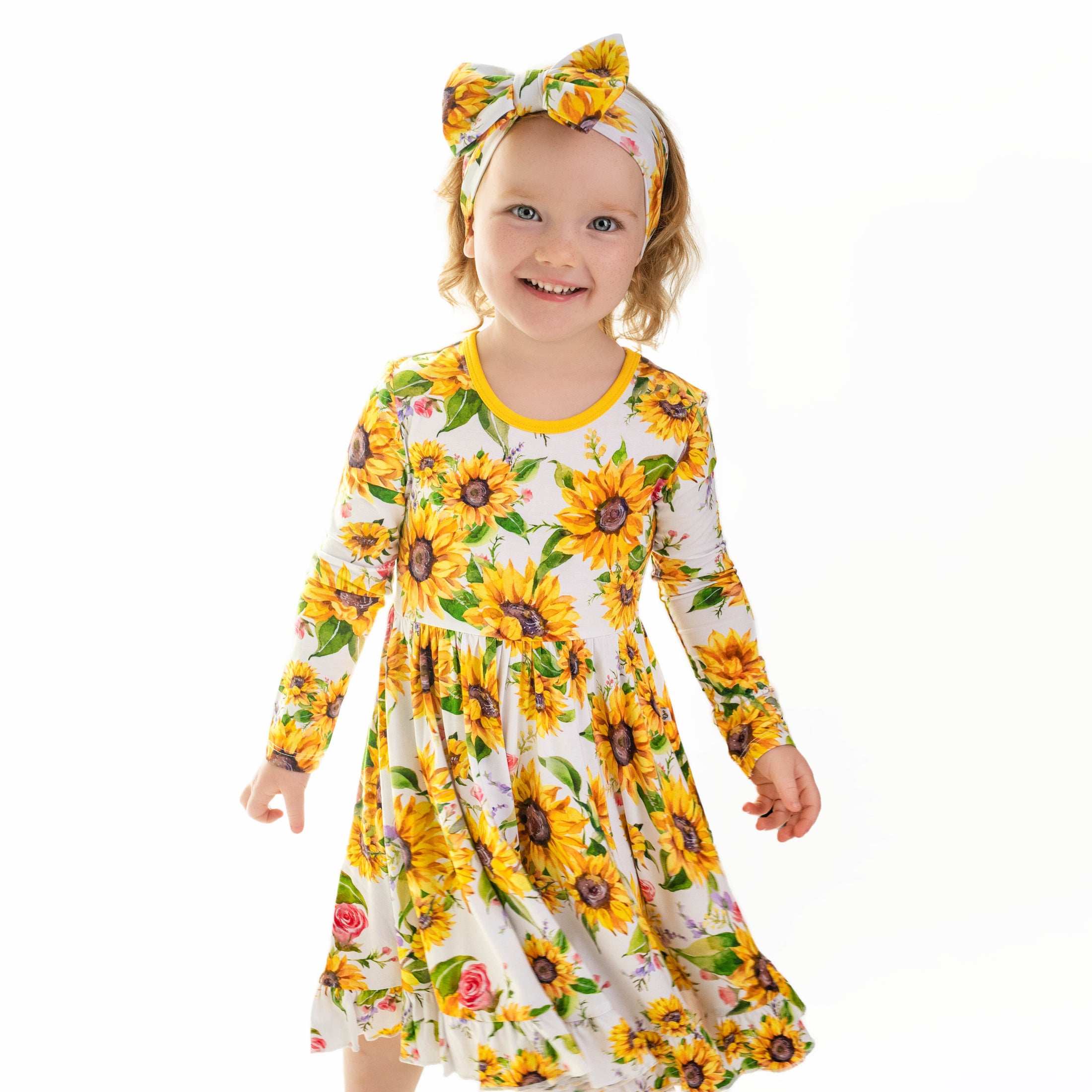 Suns and Roses (Sunflower) Long Sleeve Big Kid Twirl Dress