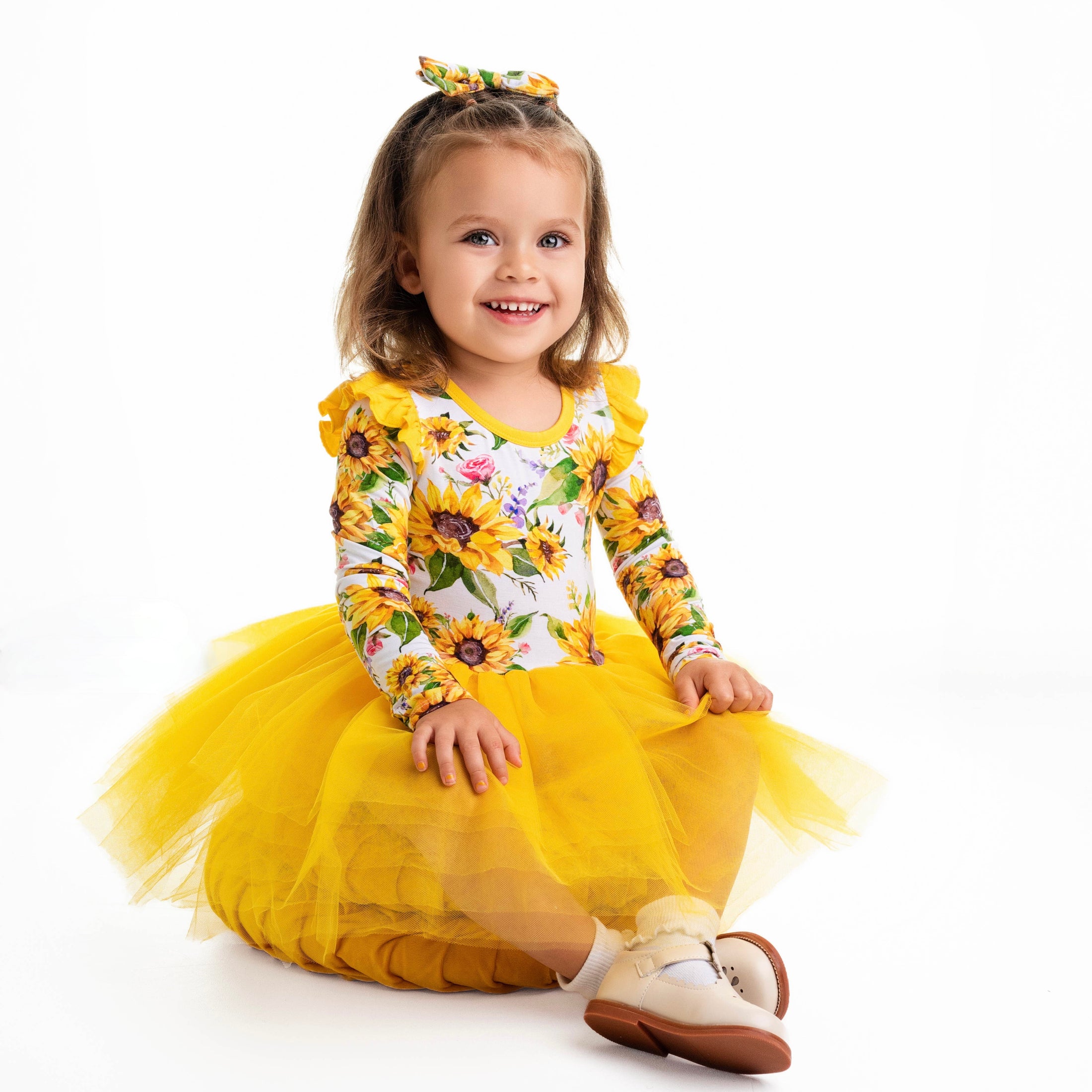 Suns and Roses (Sunflower) Long Sleeve Big Kid Tutu Dress