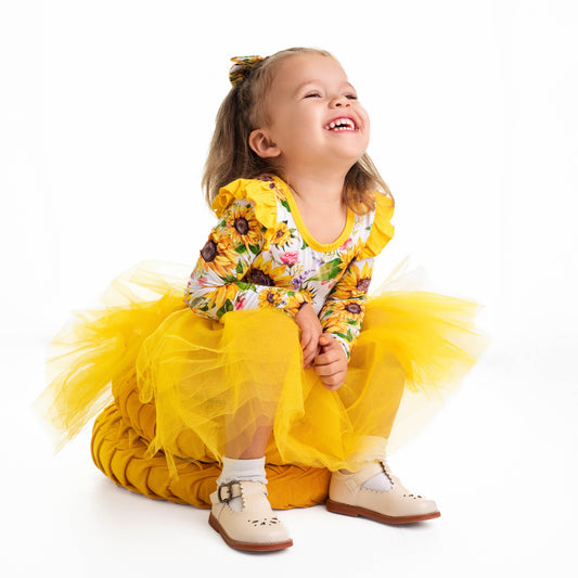 Suns and Roses (Sunflower) Long Sleeve Big Kid Tutu Dress