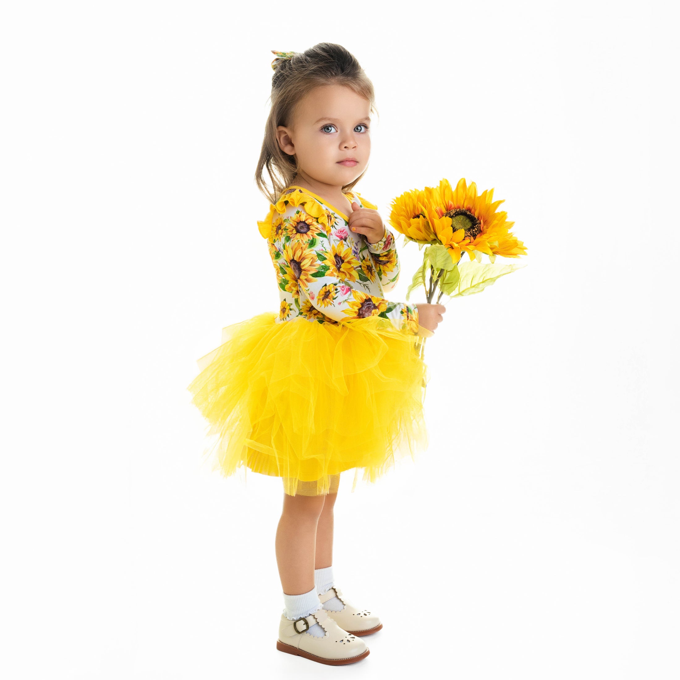 Suns and Roses (Sunflower) Long Sleeve Big Kid Tutu Dress