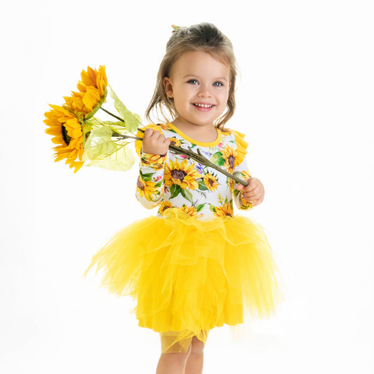 Suns and Roses (Sunflower) Long Sleeve Big Kid Tutu Dress