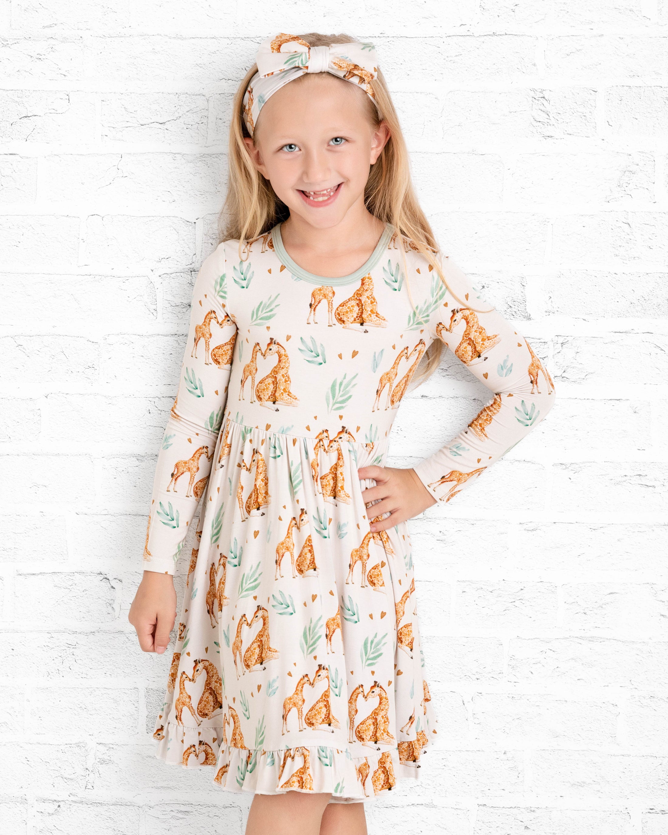 Mother's Love (Giraffe) Long Sleeve Big Kid Twirl Dress