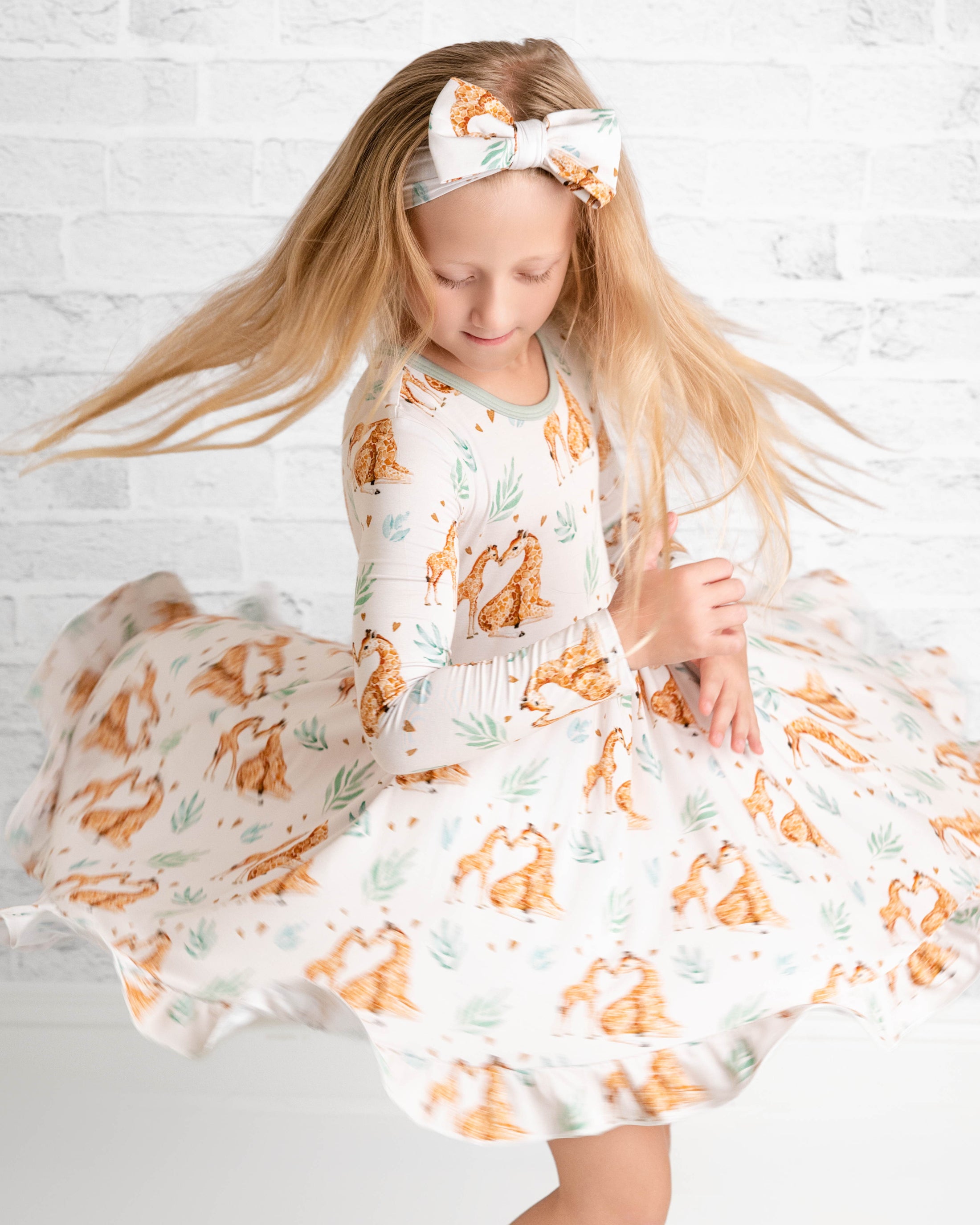 Mother's Love (Giraffe) Long Sleeve Big Kid Twirl Dress