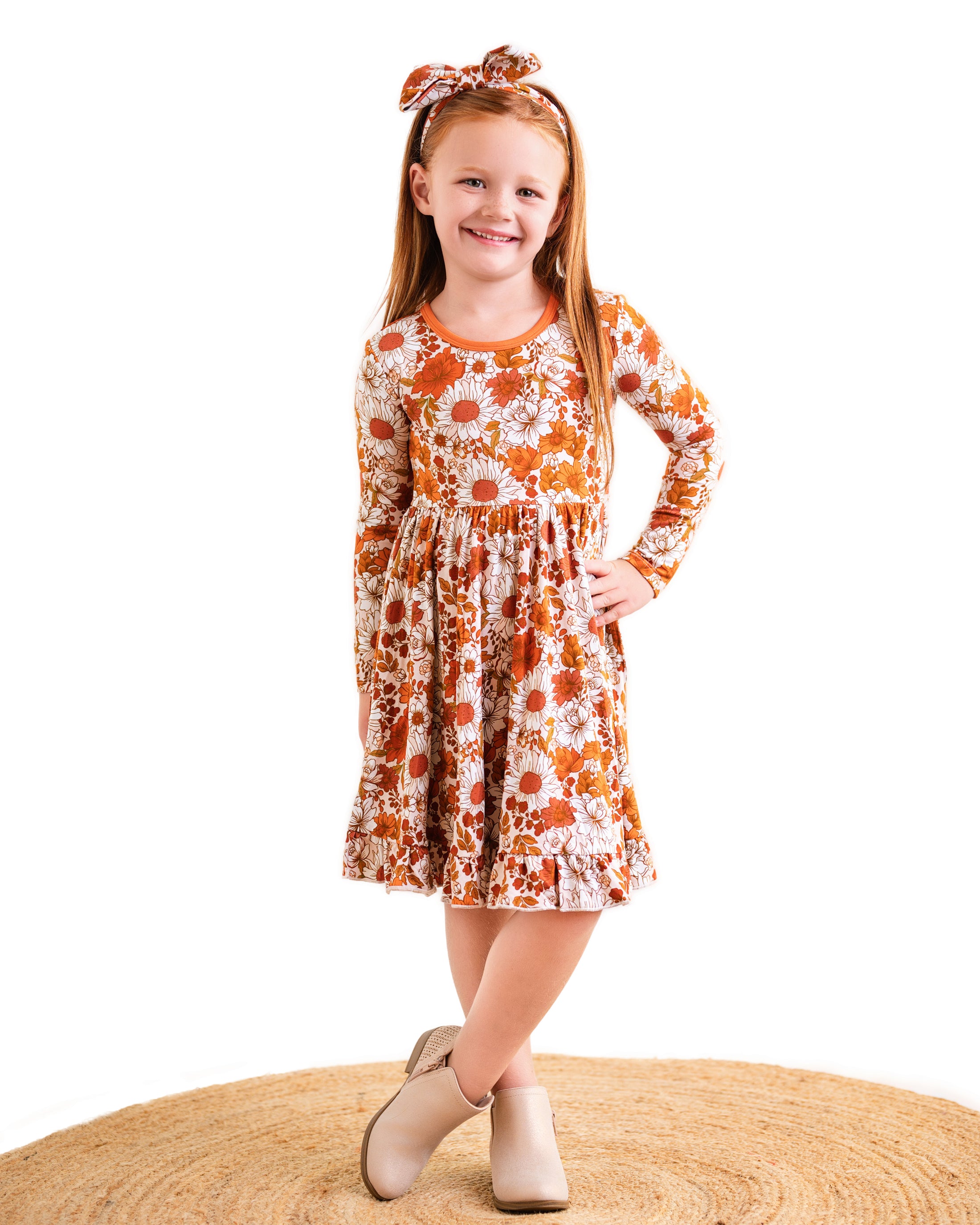 Falling For Florals Long Sleeve Big Kid Twirl Dress