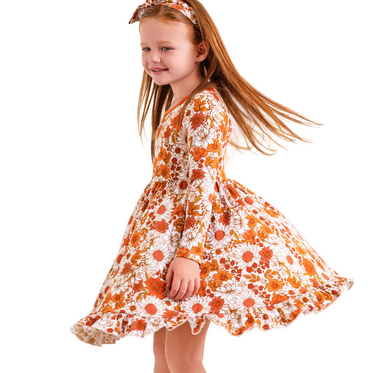 Falling For Florals Long Sleeve Big Kid Twirl Dress