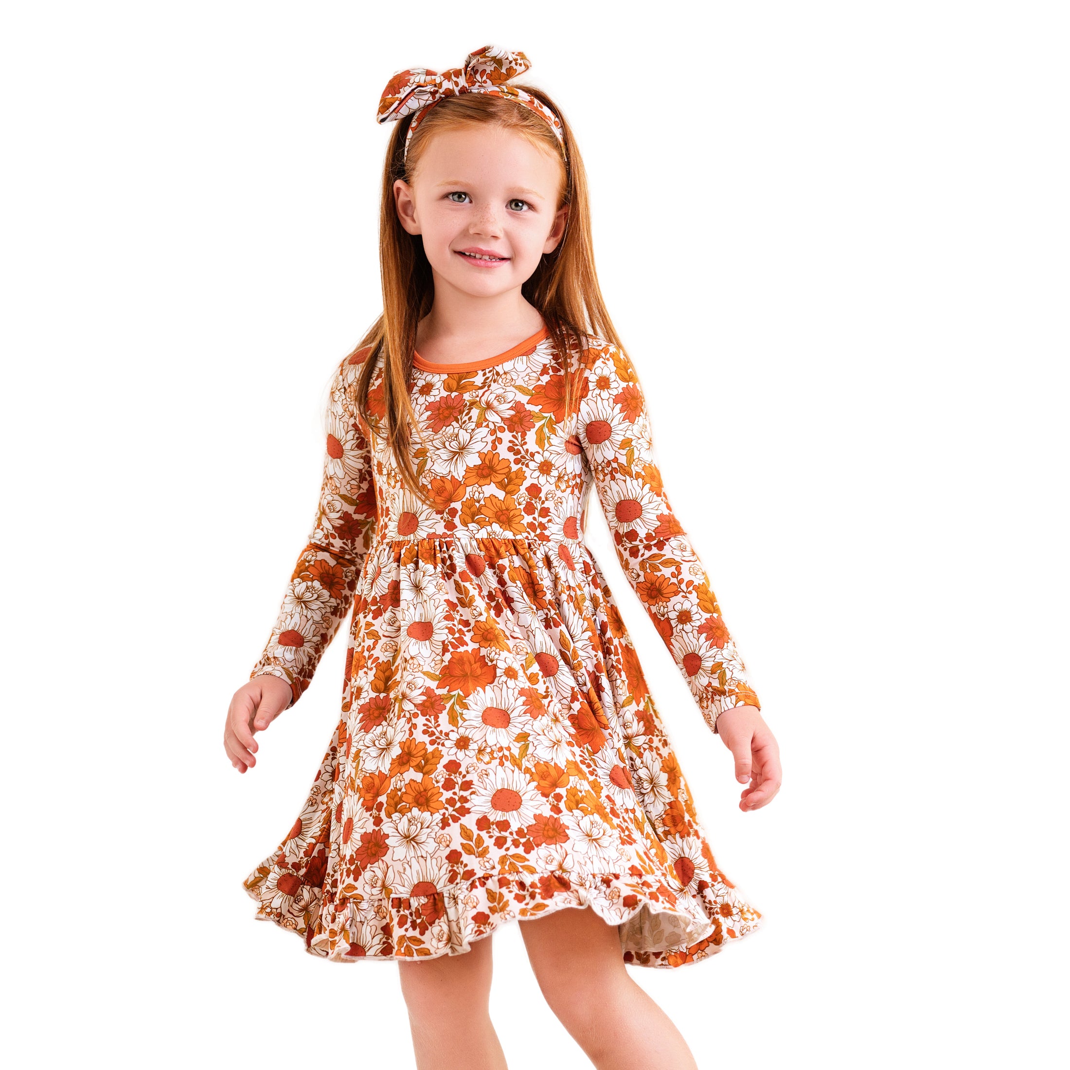 Falling For Florals Long Sleeve Big Kid Twirl Dress