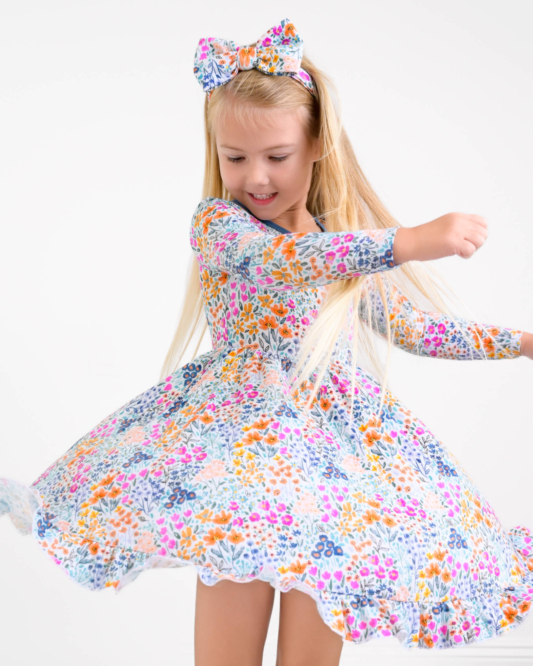 Whispering Wildflowers Long Sleeve Big Kid Twirl Dress