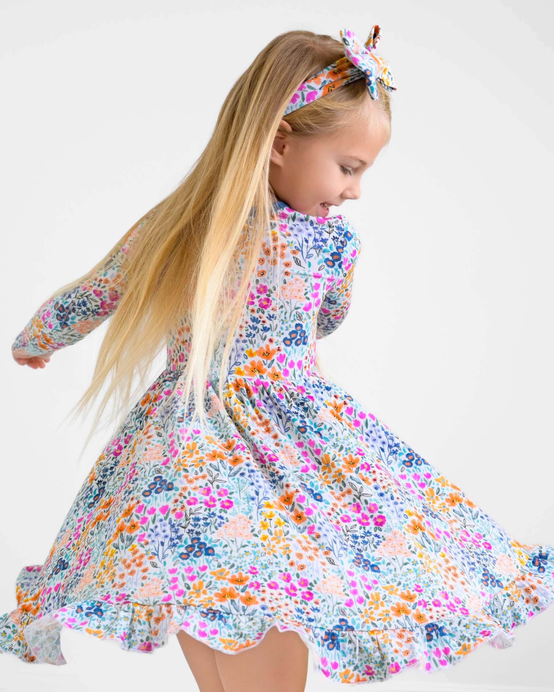 Whispering Wildflowers Long Sleeve Big Kid Twirl Dress