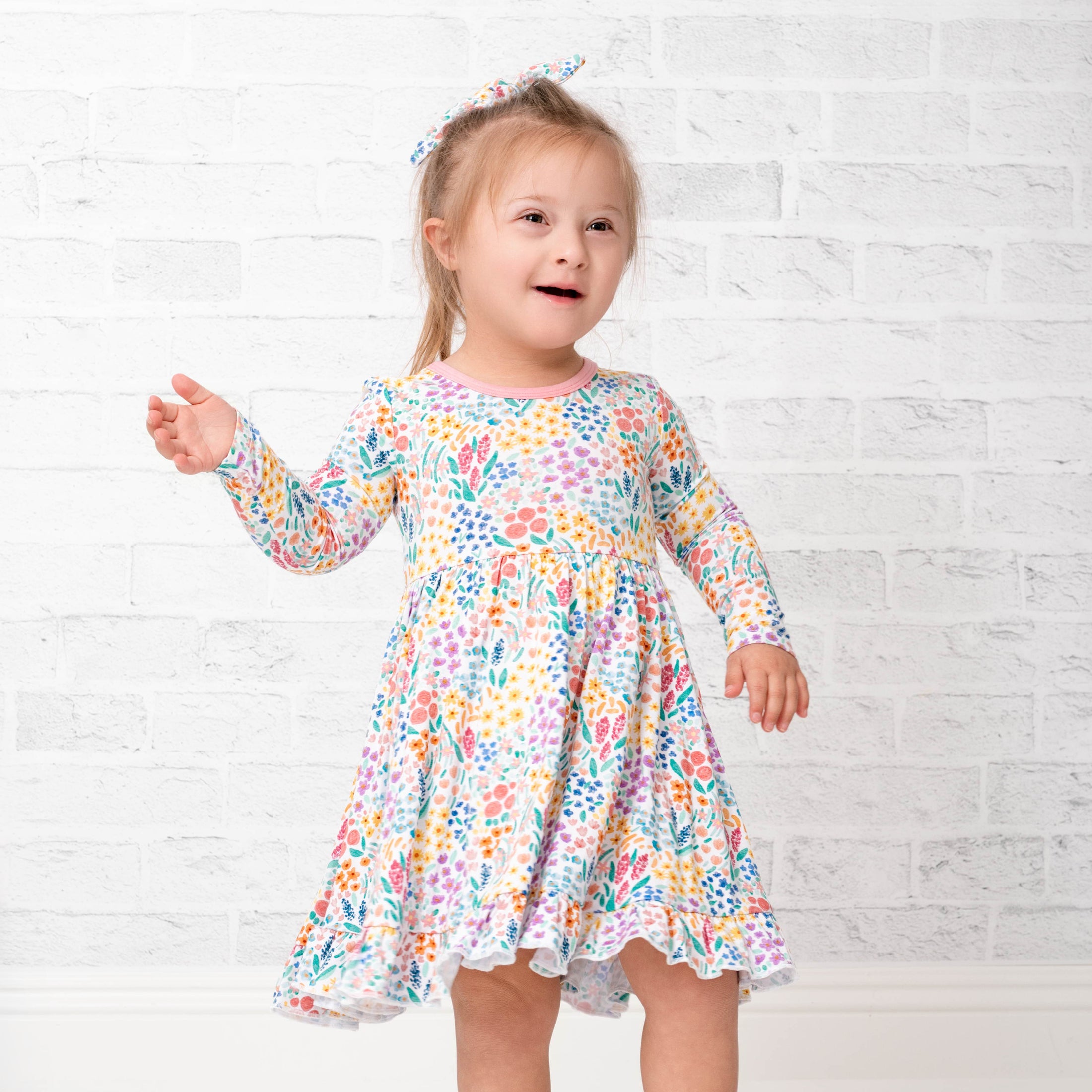 Whimsical Wildflower Long Sleeve Big Kid Twirl Dress