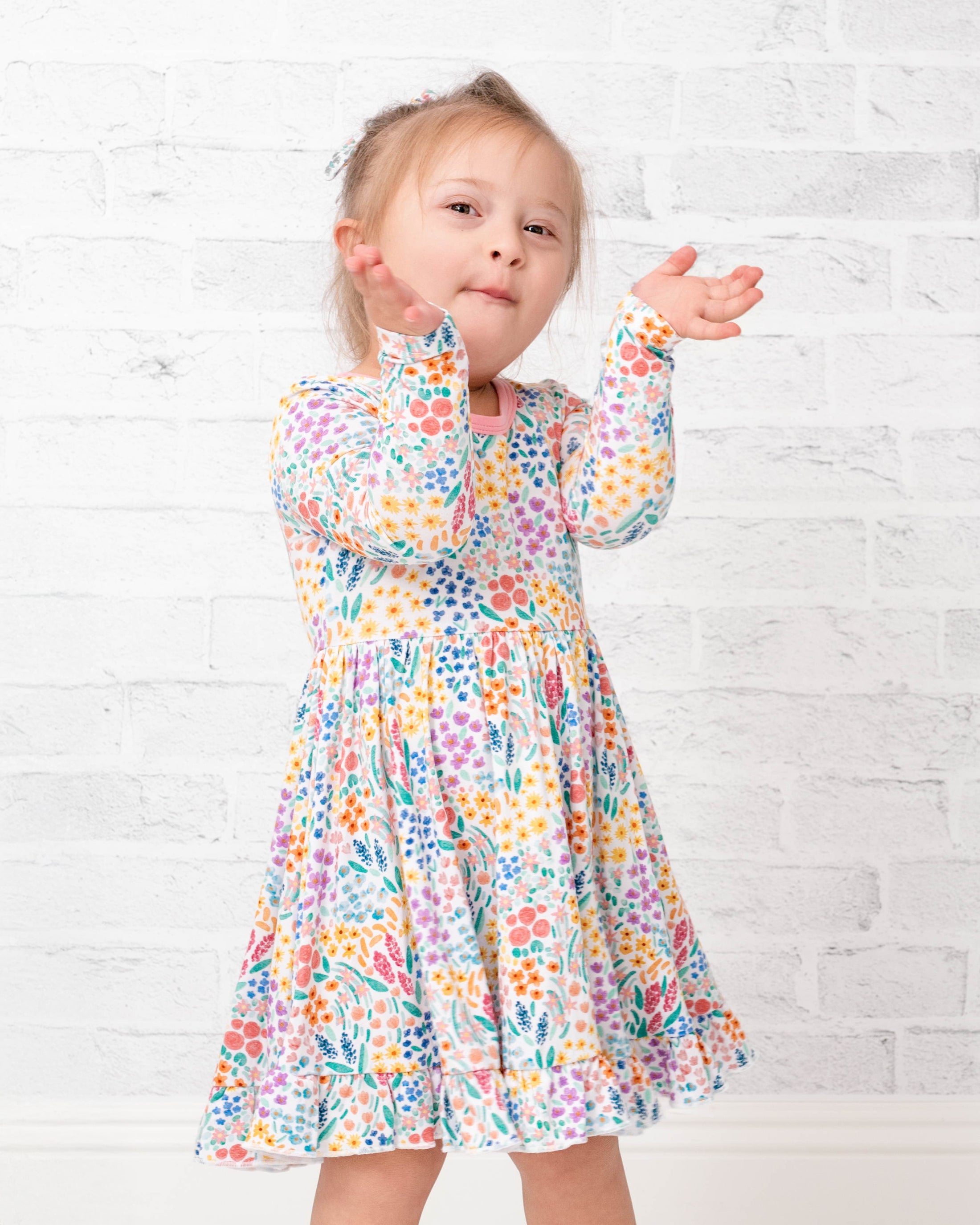 Whimsical Wildflower Long Sleeve Big Kid Twirl Dress