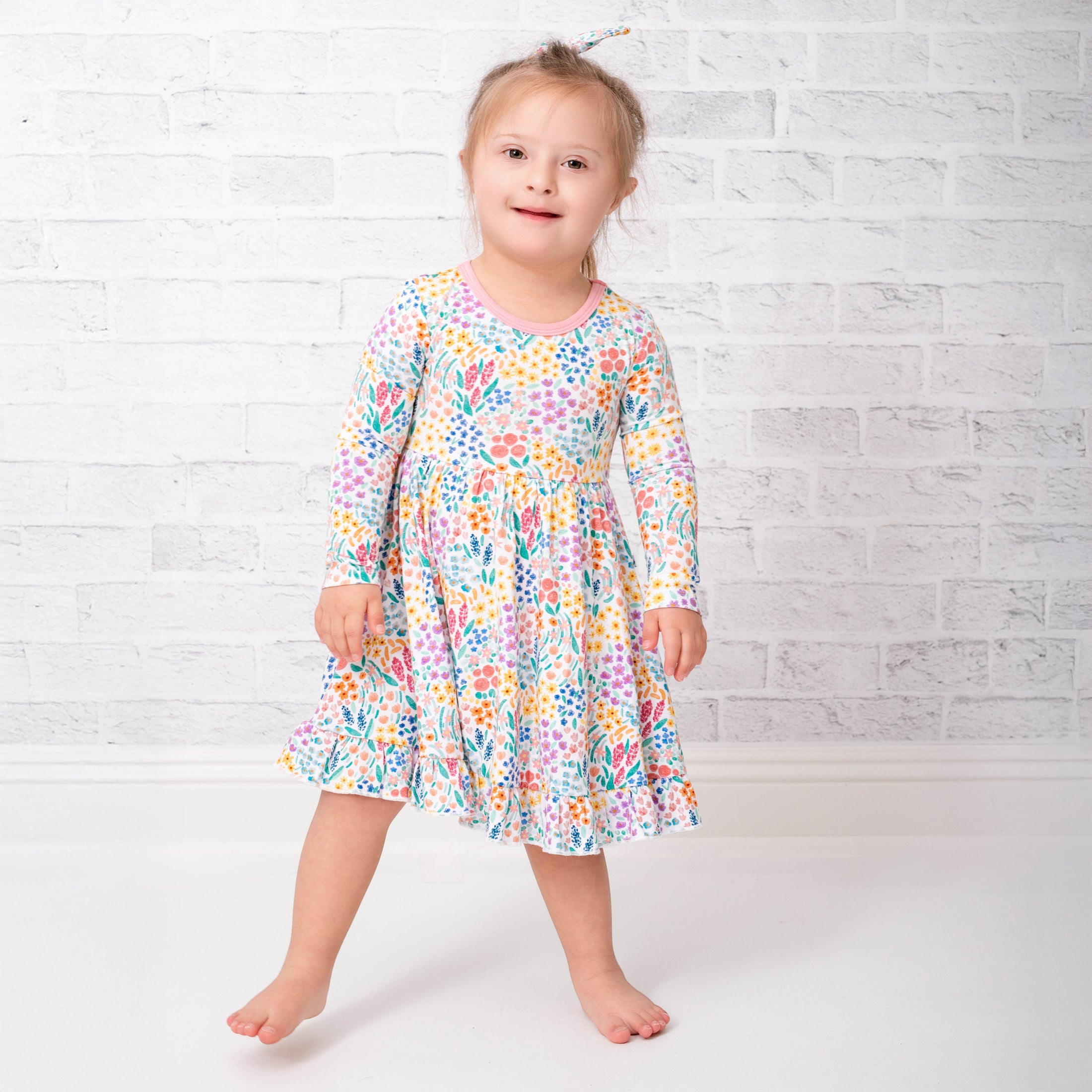 Whimsical Wildflower Long Sleeve Big Kid Twirl Dress