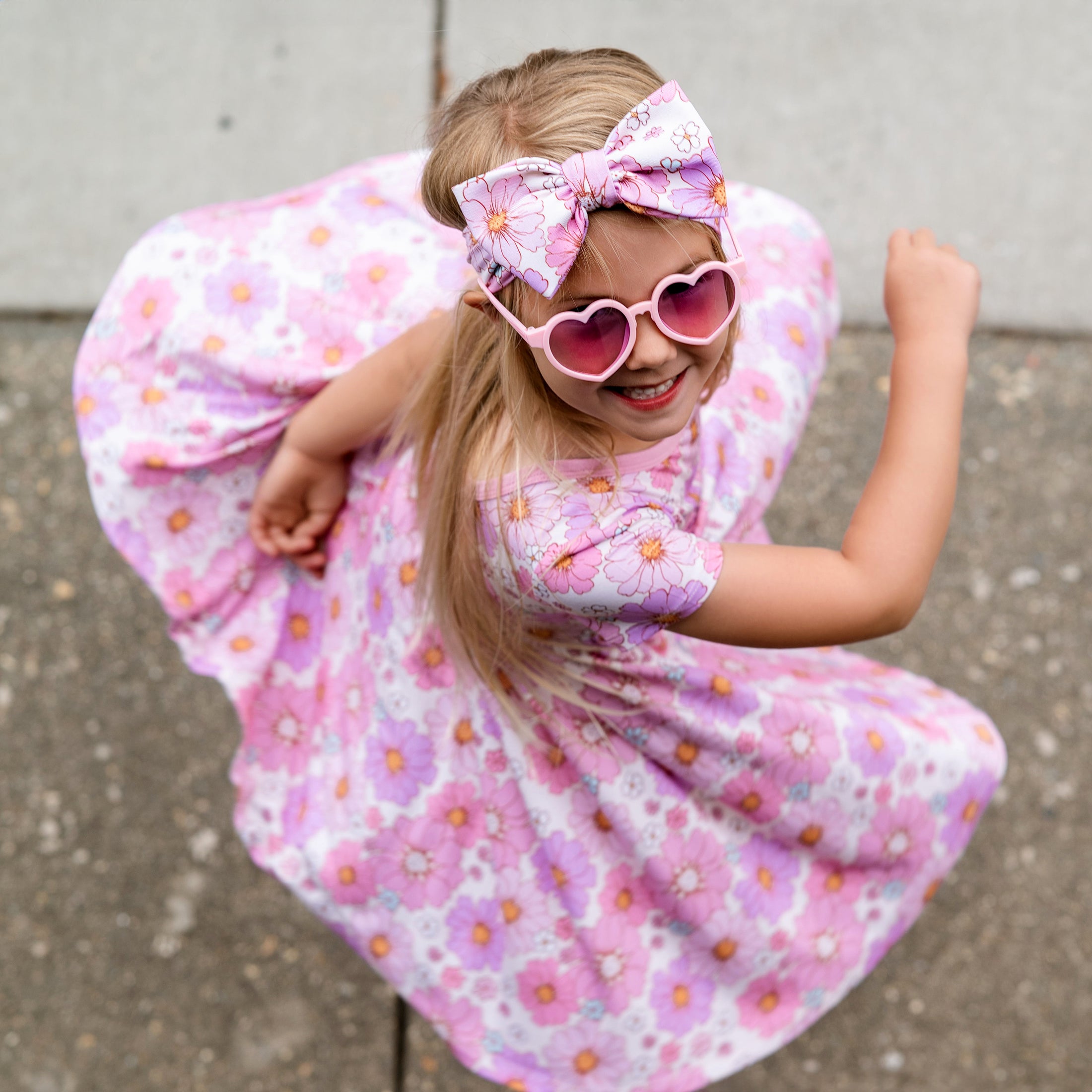 Powerful in Pink (Flower)  Short Sleeve Big Kid Twirl Dress